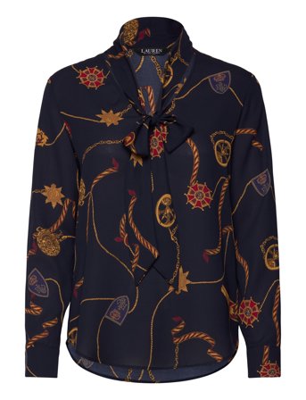 Lauren Ralph Lauren | Belting-Print Georgette Tie-Neck Blouse | M