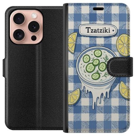 Kompatibelt Plånboksfodral till Apple Apple iPhone 16 Pro Grekisk tzatzikiskål illustration, gurka citron dill blått rutigt mönster, köksplansch