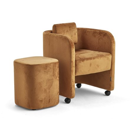 Möbelgrupp COMFY, fåtölj och sittpall, med hjul, sammetstyg, guld
