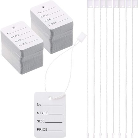 1000 stk. prismærker og hængemærkesnore, kuponmærkningsetiketter, hvide butiksmærker, tøj