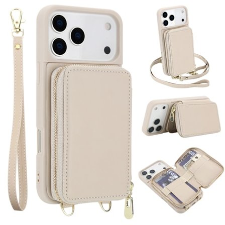 til iPhone 17 Pro Max Wallet Case, PU Læder Crossbody Telefon Taske med Lynlåslomme, Kreditkort Holder Håndledsrem lilla iPhone 17 Pro Max