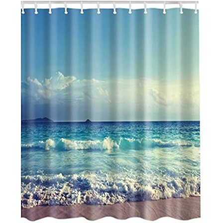 Duschdraperi med Havsdekor, Strandvågor, Tropiskt Naturlandskap, Fotografi, Badrumstillbehör med Krokar, 71 x 71 Tum