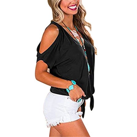 Dam T-shirt V-hals kall axeltopp kortärmad Casual