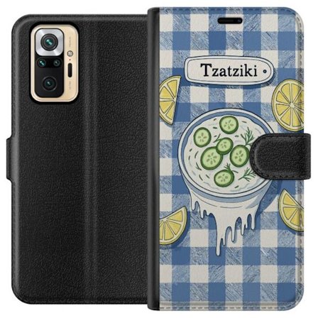 Kompatibelt Lommeboketui til Xiaomi Redmi Note 10 Pro Gresk tzatziki bolle illustrasjon, agurk sitron dill blått rutete mønster, kjøkkenplakat design