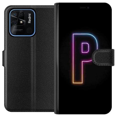Kompatibel Tegnebogsetui til Xiaomi Xiaomi Redmi 10C Minimalistisk neonbogstav P i farvegradient og lyseffekt mod sort baggrund i digital neonstil