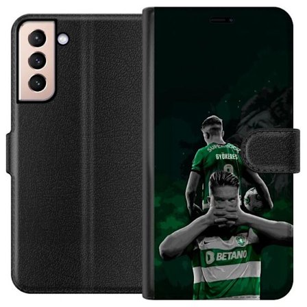 Yhteensopiva Lompakkokotelo Samsung Galaxy S21 Neonmotiivi, jossa teksti "Gaming is in my DNA" sinisenä ja punaisena tiiliseinällä, jossa loistava DNA