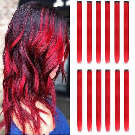 12 stk. Fargede Røde Hårextensions Rett Multicolor Clip In Hårextensions Fargerike 20 Tommer Regnbue Hårextensions For Barn Damegaver Halloween
