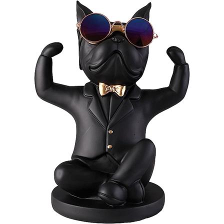 Fransk Bulldogg Figur med Rustfritt Stål Brett, Borddekorasjon Dekorasjonsskulptur, Nøkkelskål Statue Smådeler, Beholder