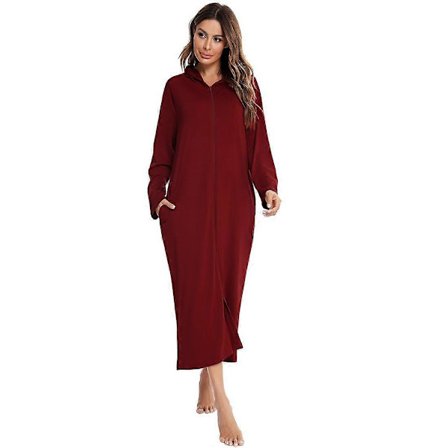 Naisten kevyt hupullinen aamutakki vetoketjulla, täyspitkä, pitkähihainen, puuvillaneulosta, pehmeä yöpaita, kimono, vetoketjullinen kotitakki, 