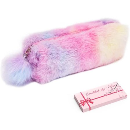 Plys regnbue penalhus til piger, fluffy penalhus, sødt regnbue penalhus, blødt penalhus, fluffy penalhus, makeup taske, farverig