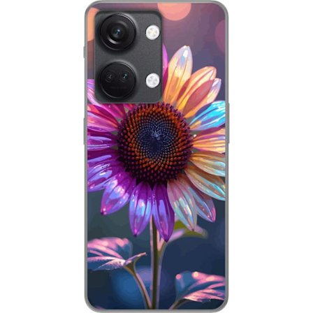 Kompatibelt Mobildeksel til OnePlus Nord 3 Irideserende blomst med glitrende kronblad i rosa lilla og gull mot myk bokeh bakgrunn