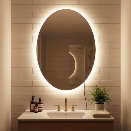 COSTWAY LED Spejl Badeværelse Oval 70x50cm med 3 Lysfarver, Antidug Funktion, Hukommelsesfunktion til Værelse Entré