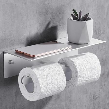Kaksinkertainen wc-paperiteline seinähyllyillä, itseliimautuva kaksinkertainen paperipyyhepidike matkapuhelimen säilytykseen, alumiinia