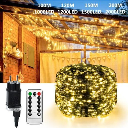 XMTECH 100m 1000 LED julelys med fjernkontroll og støpsel, 8 moduser for innendørs og utendørs bruk, varmhvit