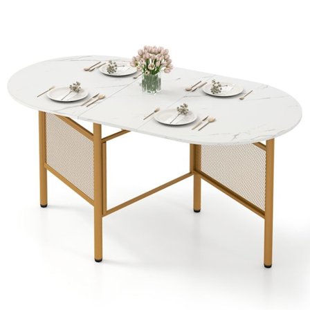 COSTWAY Foldbar Spisebord 150 cm til 6-8 Personer med Foldbar Forlængelse Pladsbesparende med Hvide Metalben