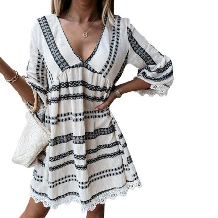 Kort Damklänning Boho Oversized Storlek V-formad Krage Bred Sl
