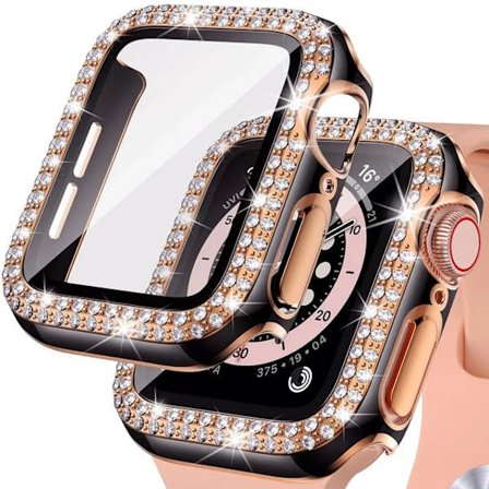 Bling Glass+ cover til Apple Watch Case 45mm 41mm 40mm 44mm 42mm 38mm Diamant bumper+skærmbeskytter iwatch serie 7 9 8 5 6 SE B sort ro