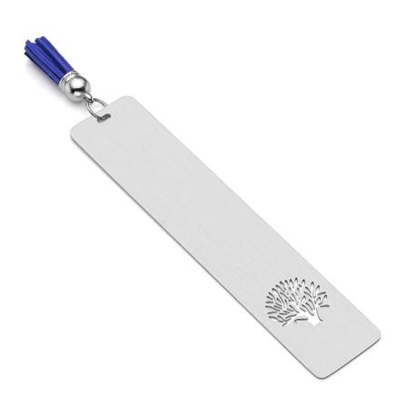 Bokmerker for kvinner menn rustfritt stål sølv hul tre av liv kors ID-merker bokmerke med dusker (blå)