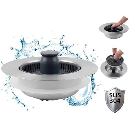Kombinasjon av kjøkkenvask sil og propp - 3 i 1 universal vask sil i rustfritt stål, anti-tett, enkel å installere, passer 70-81 mm vaskhull