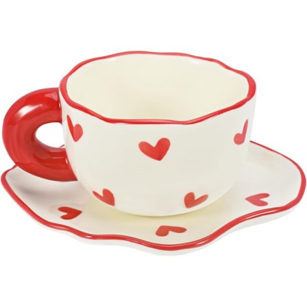 Keramisk Kaffekrus Sæt, Sød Hjerte-Mønstret Kop og Underkop til Latte Te Mælk, Opvaskemaskine & Mikrobølgeovn Sikker 180 ml, Perfekt f