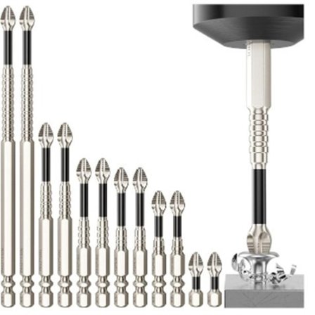 Højmagnetisk skruetrækker boresæt, 12 dele K5 stødabsorberende slibe bor, magnetisk skruetrækkerhoved, 25 50 65 70 90 150 mm (12 dele)