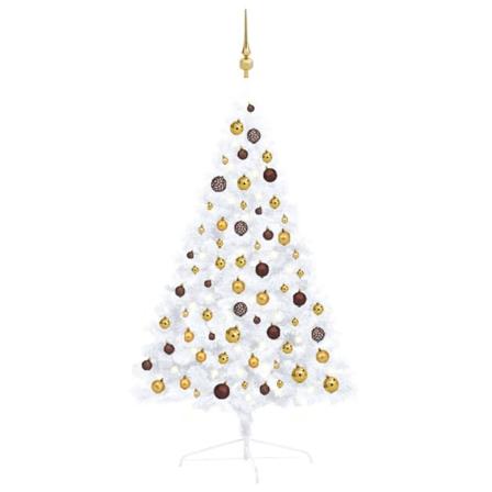 Halv Plastgran Med Led Och Julgranskulor Vit 120 Cm