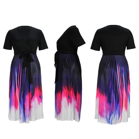 Printed Slim Fit Elegant Långärmad Bälte Plus Size Klänning Sexig V-ringad Mosaik Lång Klänning 3XL