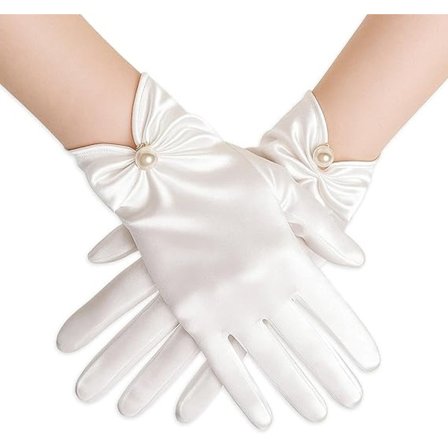 Handsker - Korte satinhansker - Perlehandske - Bryllupshandsker - Satin teselskabshandske til kvinder