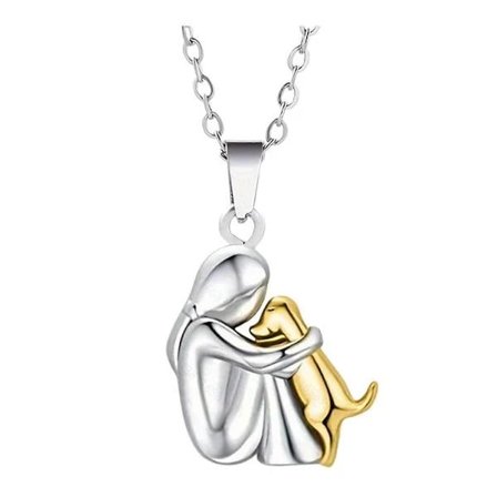 Jente som klemmer en hund, anheng halskjede/øredobber, håndlagde vennskapssmykker, moteriktig dyretilbehør, en gave til dyreelskere.