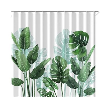 Anti-skimmel bruseforhæng 180 x 200 cm – Strelitzia – Polyester – med ringe – Bruseforhæng – Tropisk bladmønster – Maskinvaskbar