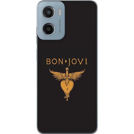 Kompatibelt Mobilskal till Motorola Moto E15 Ikonisk musikillustration med bevingat hjärta och dolk i guldtoner på mörk bakgrund, kraftfull och sym