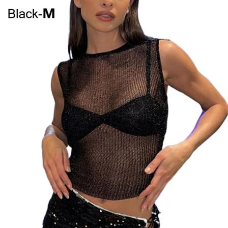 Naisten Crop Topit läpinäkyvä mesh T-paita MUSTA MM Black M-M