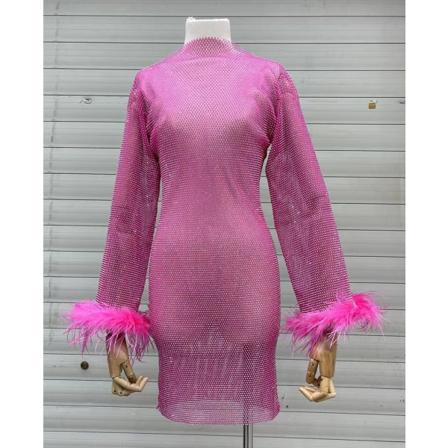 Genomskinlig Hollow Mesh Strutsfjäder Slim Bottoming Skjorta Full Diamond Dress Rose Red Average size