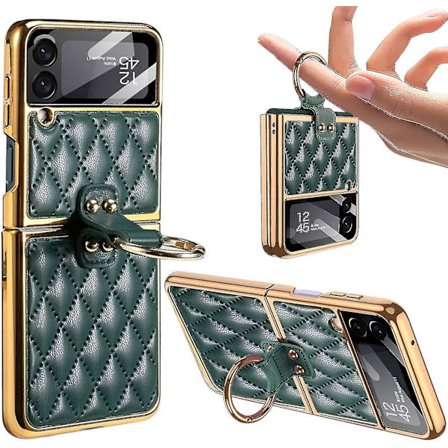 Rhomboid skinnveske med ring og galvanisert ramme for Samsung Galaxy Z Flip 3: Beskyttende deksel