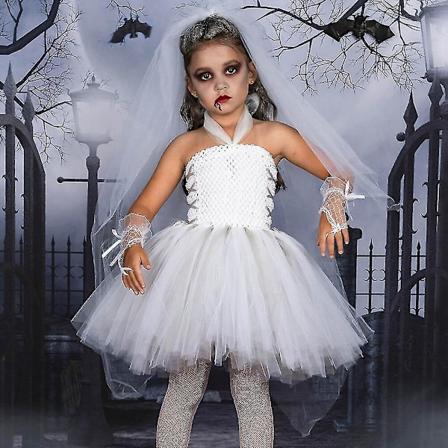 Spøgelsesbrud Halloween Kostume til Teen Piger - Tutu Kjole med Handsker og Slør, Cosplay Fancy Dress Up til Børnefest - Størrelse S (2-3 År)
