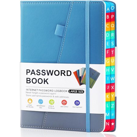 Adgangskodebog med alfabetiske faner, personlig adgangskodedagbog med hardcover, notesbog til opbevaring af adgangskoder, adgangskodebog til seniorer.
