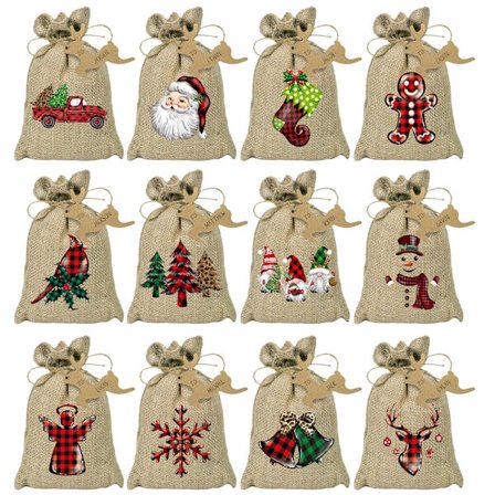 Jul Jutesäckar Presentpåsar med Dragsko 24 Stycken, Jul Buffalo Pläd Linne Snacks Godispåsar för Julhelgsfest Favörer