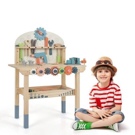 COSTWAY Barnarbetsbord 8 Verktyg och 53 Tillbehör, Rollspelsset för Hantverk, Magnetisk Verktygshållare Present för 3-8 År