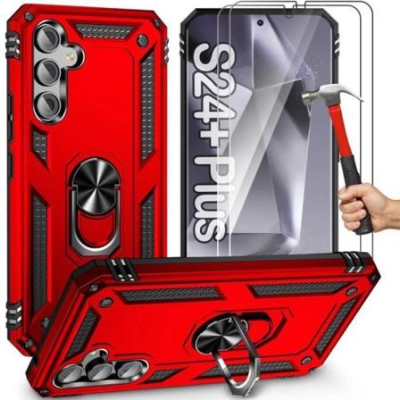 Fodral för Samsung Galaxy S24 Plus (S24+) med 2 härdade glasögon, fodral Ringstöd Förstärkt skydd Stötsäkert Röd Röd