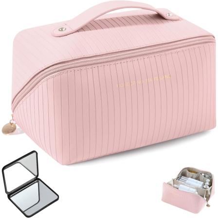Matkakosmetiikkalaukku, suuri meikkilaukku, vedenpitävä kannettava PU-nahkainen kosmetiikkalaukku kahvalla -Pinkki Pink