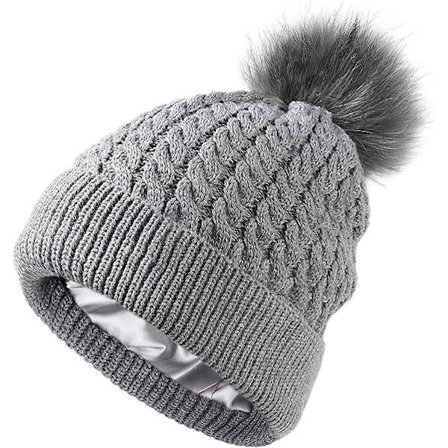 Dam vinter satin fodrad mössa mössa manschett kabel stickad avtagbar konstgjord päls pompom silkesfodrad varm mössa