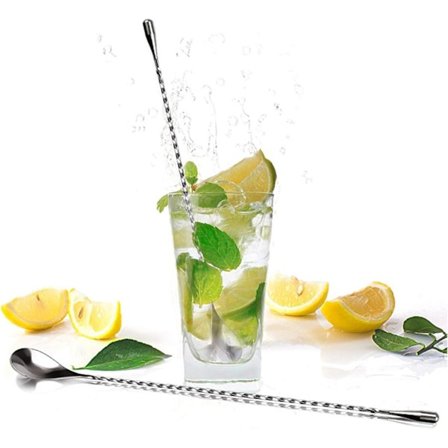 Cocktail-lusikka, 30 cm uudelleenkäytettävä hopeanvärinen ruostumattomasta teräksestä valmistettu cocktail-lusikka - spiraalikuvio, pitkävartinen 