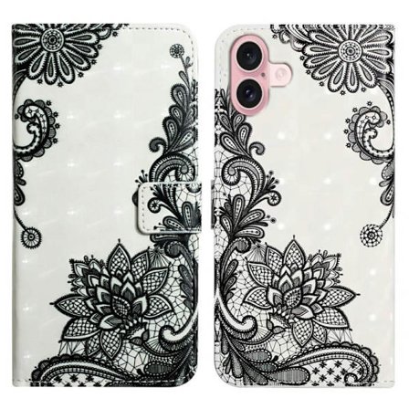 iPhone 16 Etui 3D Creative Pattern Vegansk Læder Stand Phone Cover - Blondeblomst