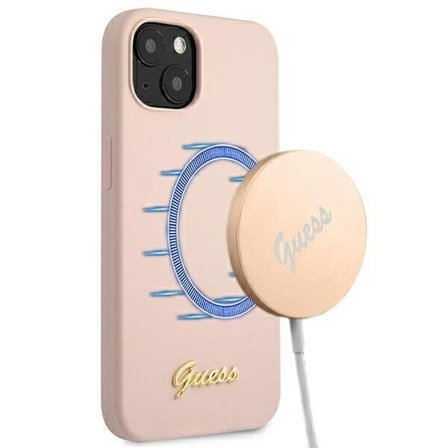 Guess iPhone 13 6.1" Ljusrosa Silikon Fodral Script Gold Logo Magsafe