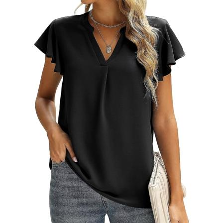 Kvinnors sommar casual split V-ringning chiffong blusar lös tunika kortärmad toppar 04black Large