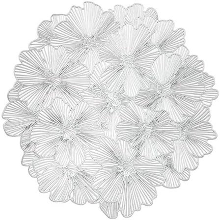 38cm Set med 6 Silver Runda Underlägg för Matbord, Pressad Vinyl Underlägg för Middagsbordet, Ihåliga Ginkgo Underlägg