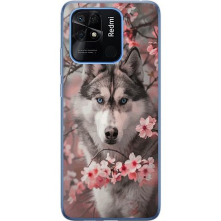 Kompatibel Mobilcover til Xiaomi Redmi 10C Husky plakat hund med blå øjne, kirsebærblomster, sibirisk ulv, sødt dyr, natur design kunst