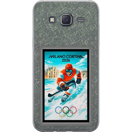 Yhteensopiva Puhelinkuori Samsung Galaxy J5 Curlingkuvitus pelaajilla ja kivillä jäällä, Milano Cortina 2026, lumisia roiskeita ja olympiasormukset