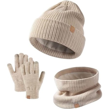 ING 3-delt vintersett for barn med lue, skjerf og hansker Varmt strikket lue, skjerf og berøringsskjermhansker Mykt fleecefôr for 5-12 år