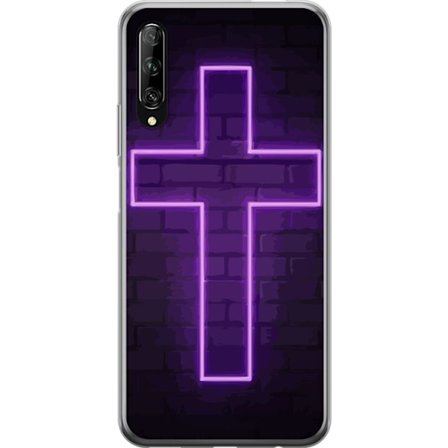 Yhteensopiva Puhelinkuori Huawei Huawei P smart Pro 2019 Neonristi purppuranvalossa tummaa tiiliseinää vasten, symbolinen motiivi vahvalla hohto mod